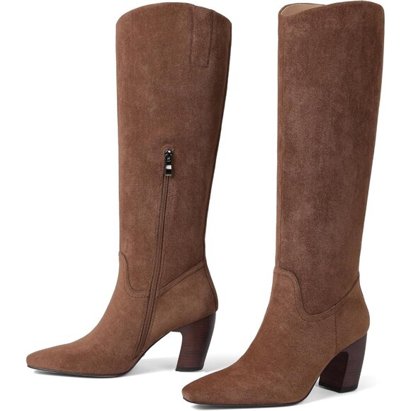 Women Knee High Darkbrown Boot Square Toe Chunky Heel Wide Calf Tall Zipper Boot - Picture 3 of 7